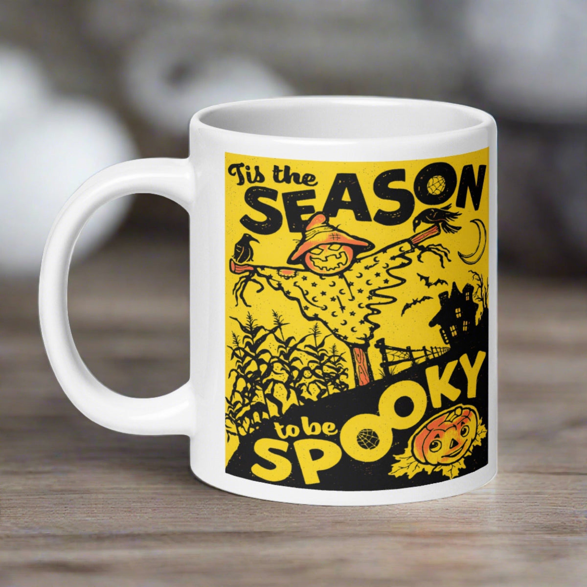 Tis The Season To Be Spooky Scarecrow Jack O'Lantern Retro Halloween Print Glossy Coffee Mug