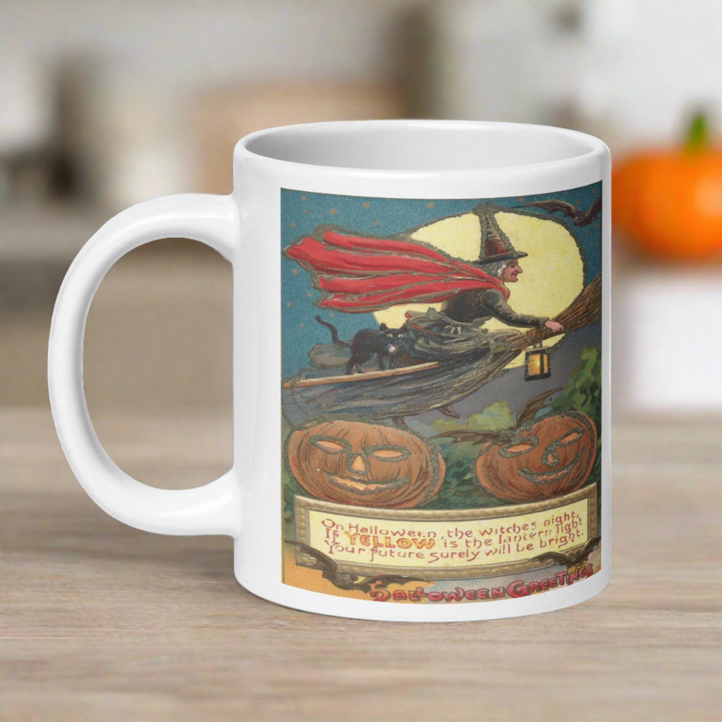 Victorian Witch Black Cat Retro Vintage Art Halloween Glossy Coffee Mug