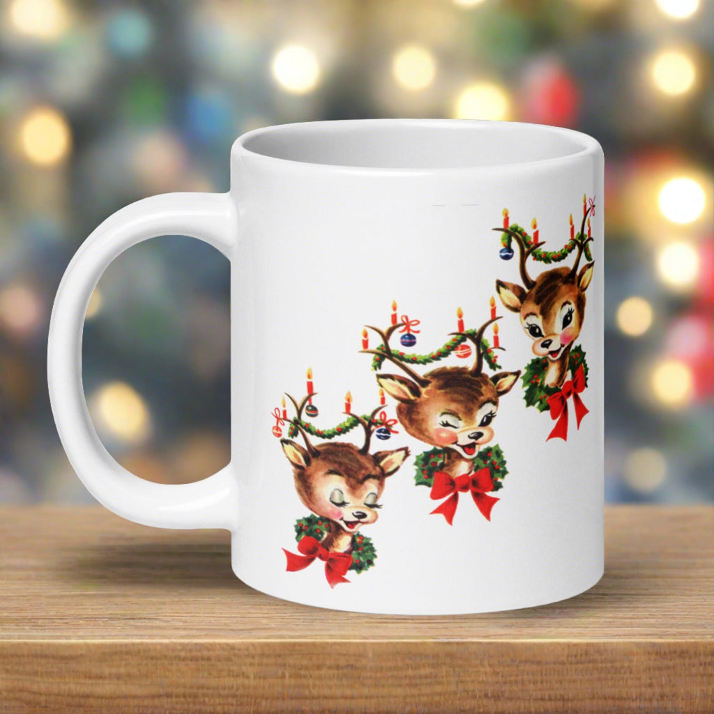 Three Reindeer Retro Vintage Christmas Glossy Coffee Mug