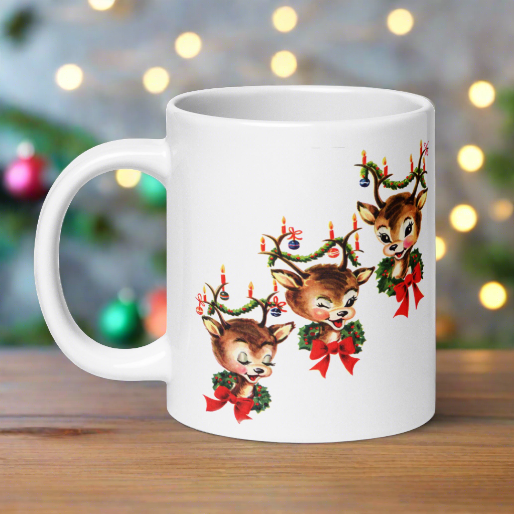Three Reindeer Retro Vintage Christmas Glossy Coffee Mug