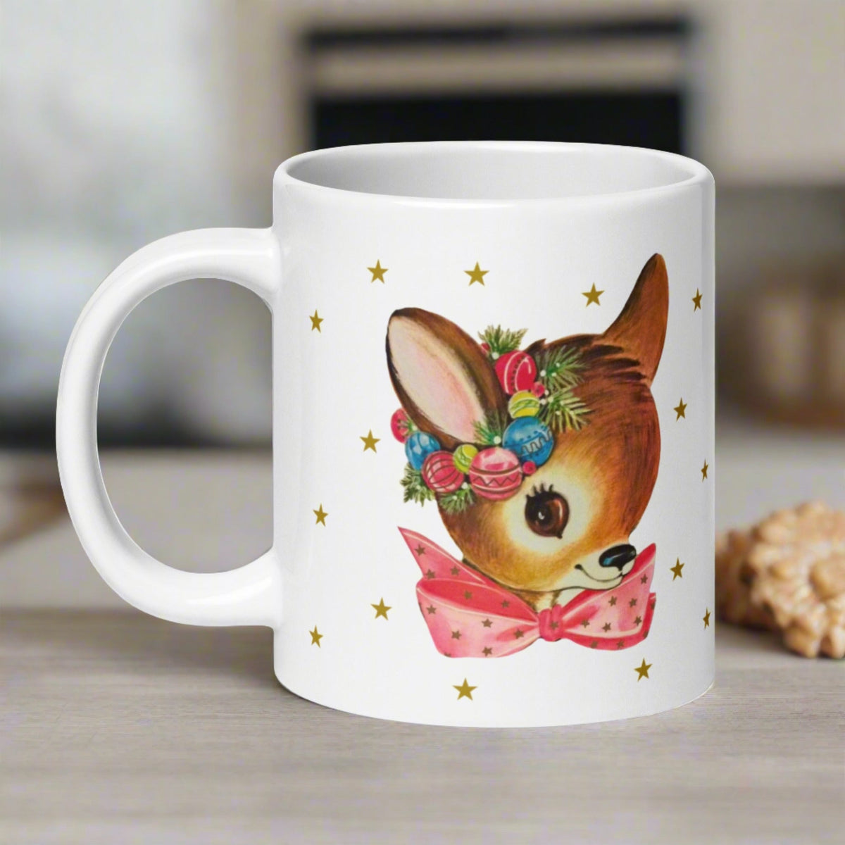 Reindeer Gold Stars Mid Century Retro Christmas Print Glossy Mug