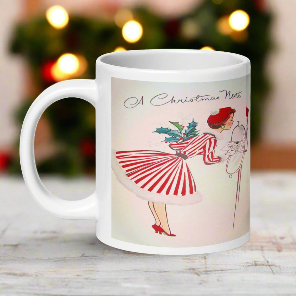 Christmas Lady At Mailbox Retro Housewife Glossy Ceramic Coffee Mug