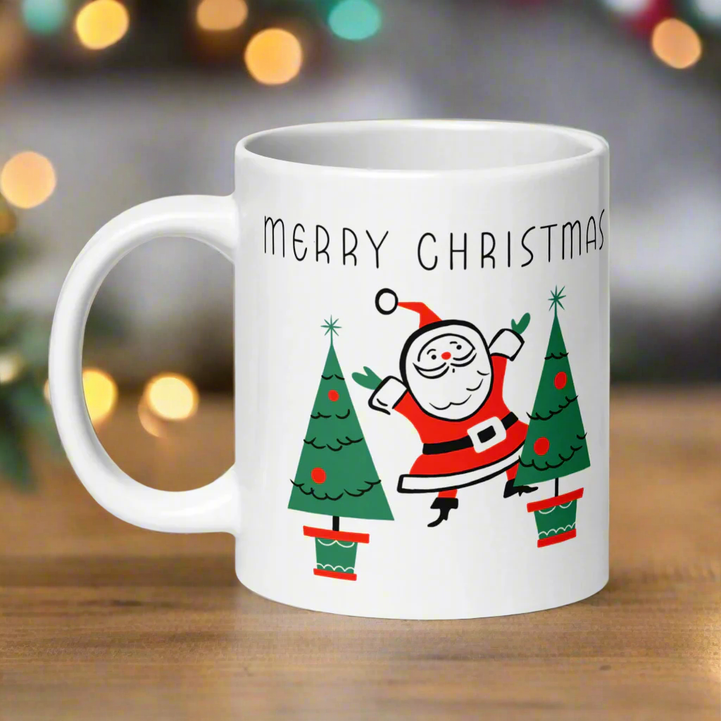 Merry Christmas Santa Trees Midcentury Glossy Coffee Mug
