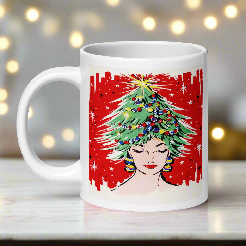Christmas Tree Hat Lady Midcentury Retro Glossy Coffee Mug