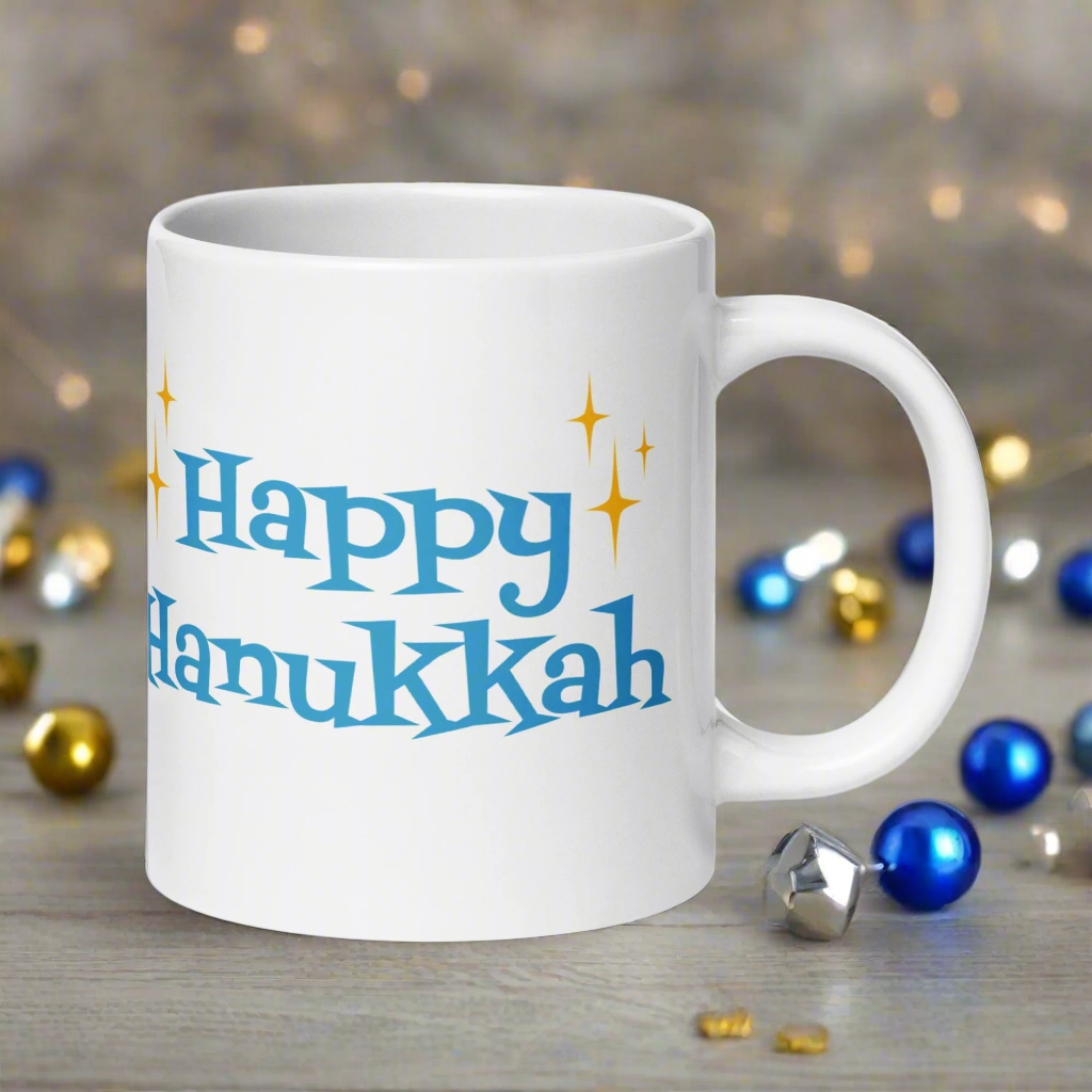 Happy Hanukkah Starburst Atomic Mid Century Glossy Coffee Mug