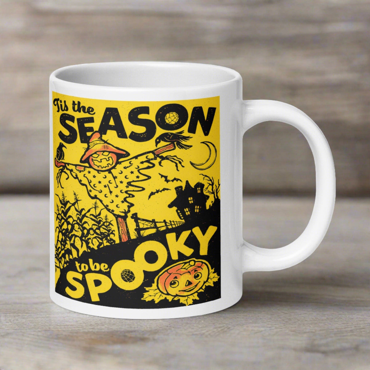 Tis The Season To Be Spooky Scarecrow Jack O'Lantern Retro Halloween Print Glossy Coffee Mug