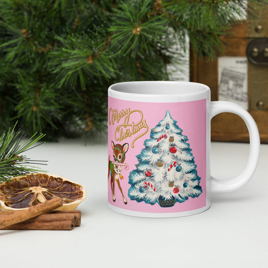 Merry Christmas Reindeer Mug White Teal Tree Pink Mid Century Retro Glossy Coffee Mug