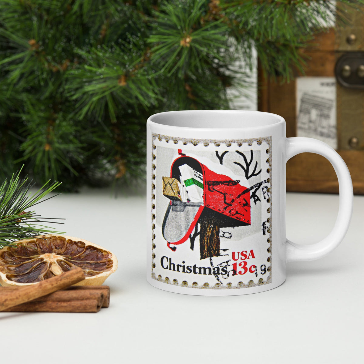 Christmas Stamp Mailbox Retro Christmas Print Glossy Mug