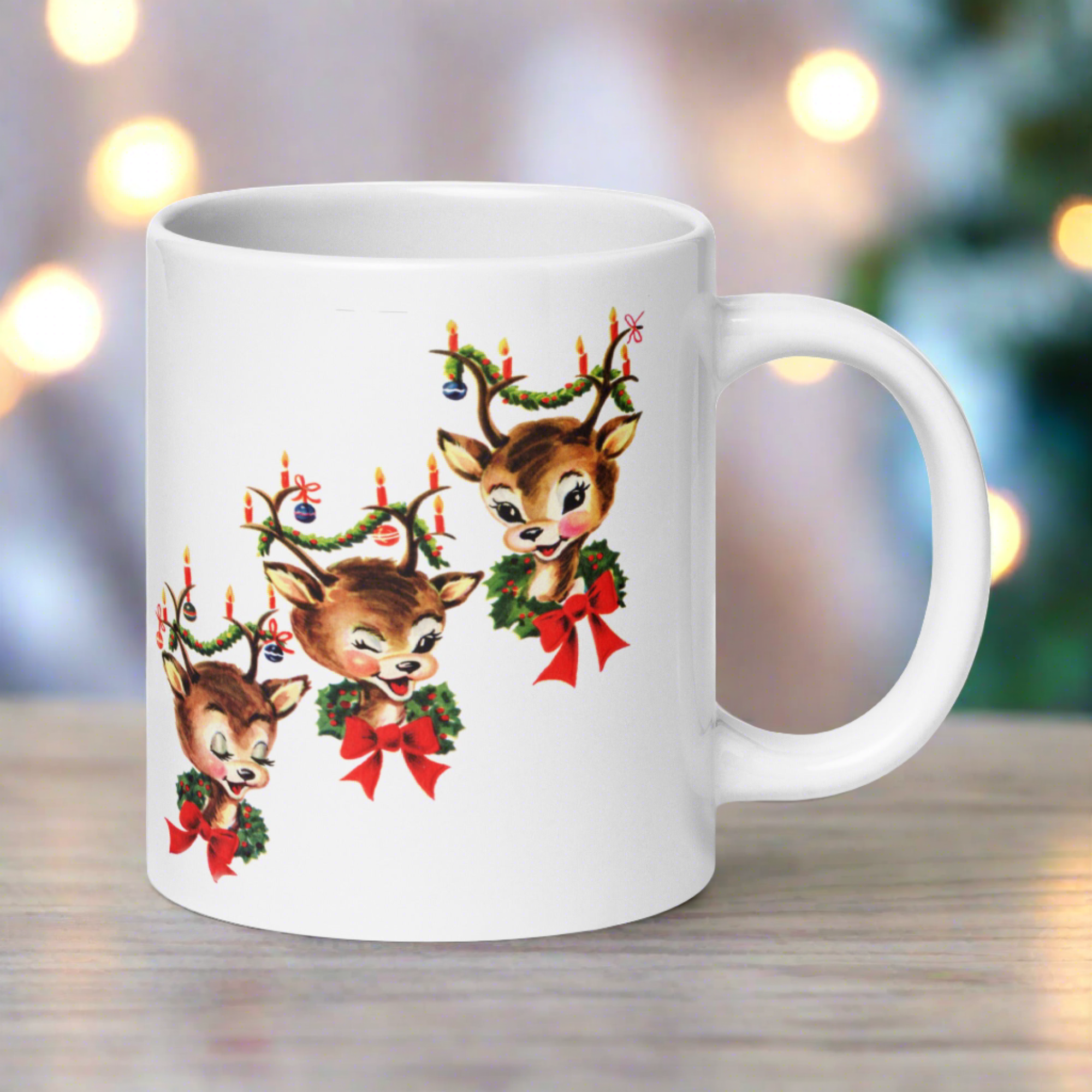 Three Reindeer Retro Vintage Christmas Glossy Coffee Mug