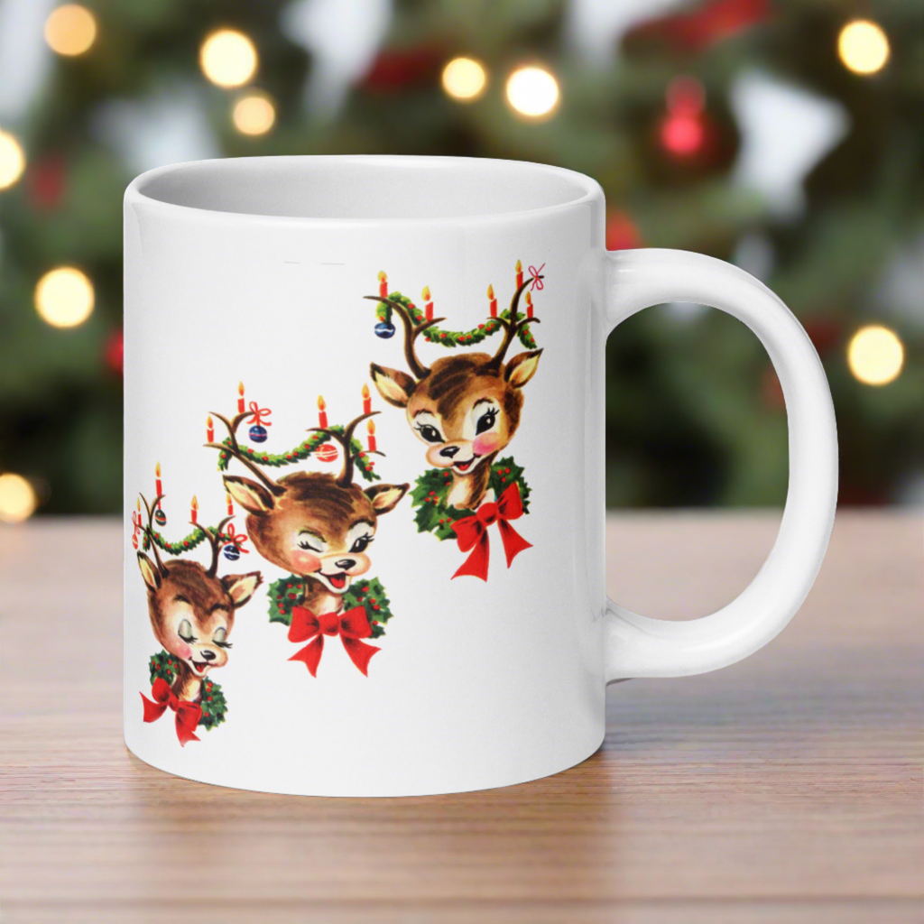 Three Reindeer Retro Vintage Christmas Glossy Coffee Mug