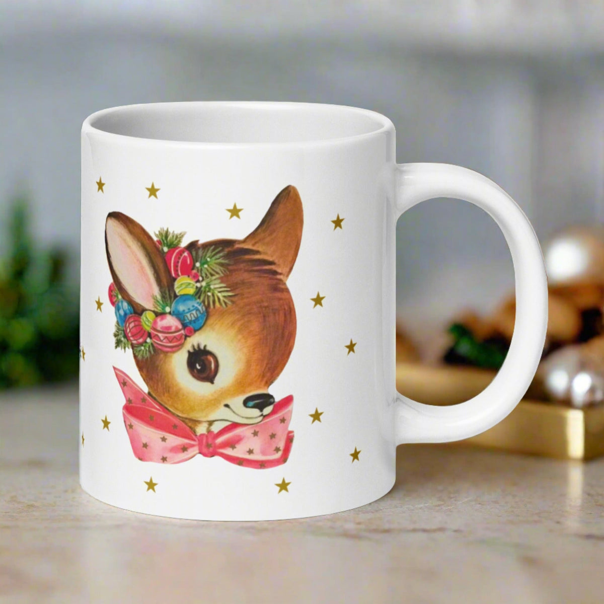Reindeer Gold Stars Mid Century Retro Christmas Print Glossy Mug