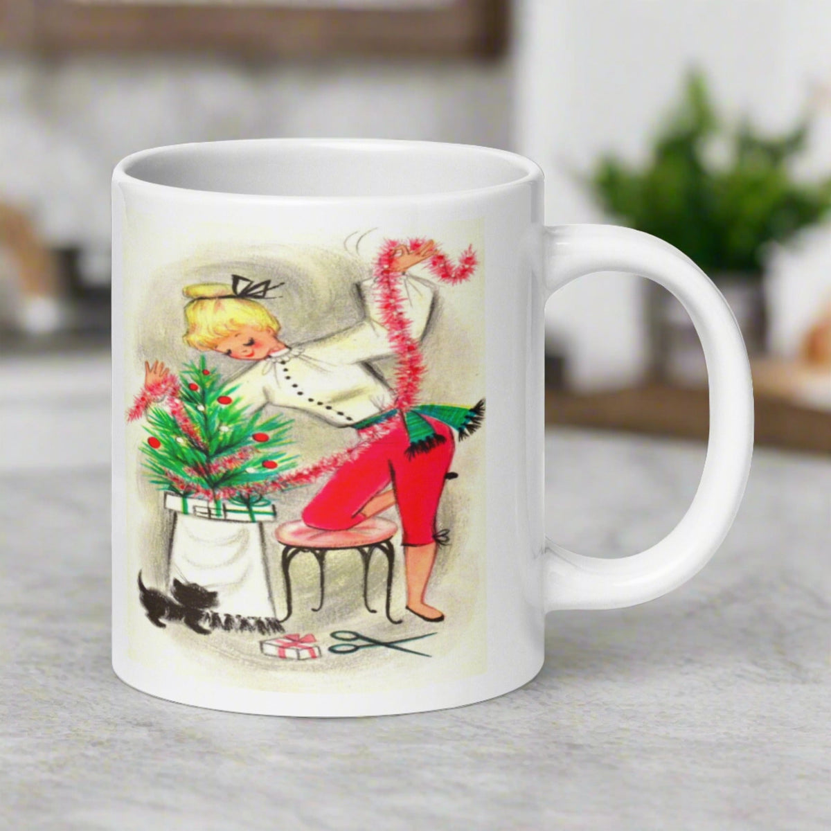 Christmas Lady And Dog Decorating Tree Retro Christmas Glossy Coffee Mug