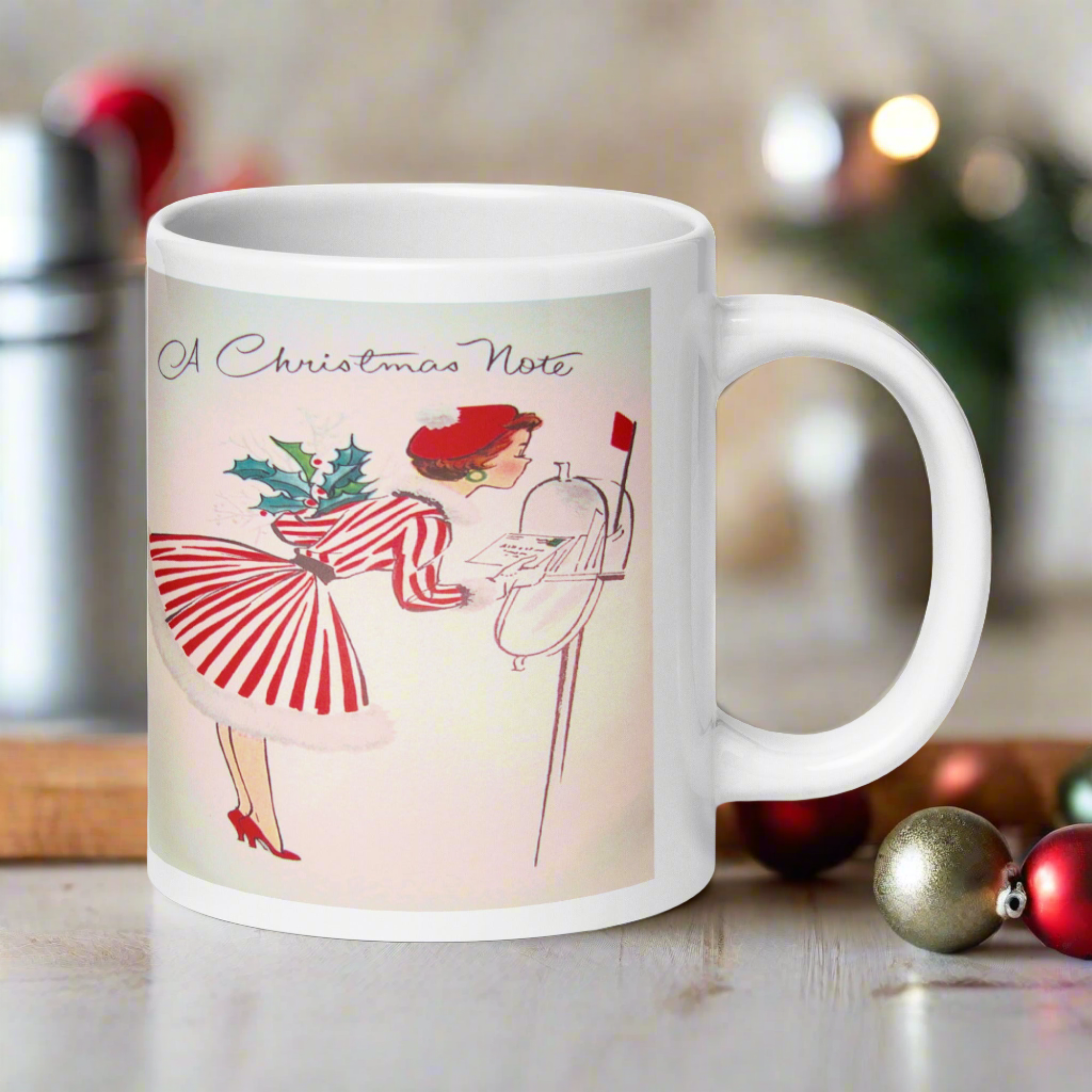 Christmas Lady At Mailbox Retro Housewife Glossy Ceramic Coffee Mug