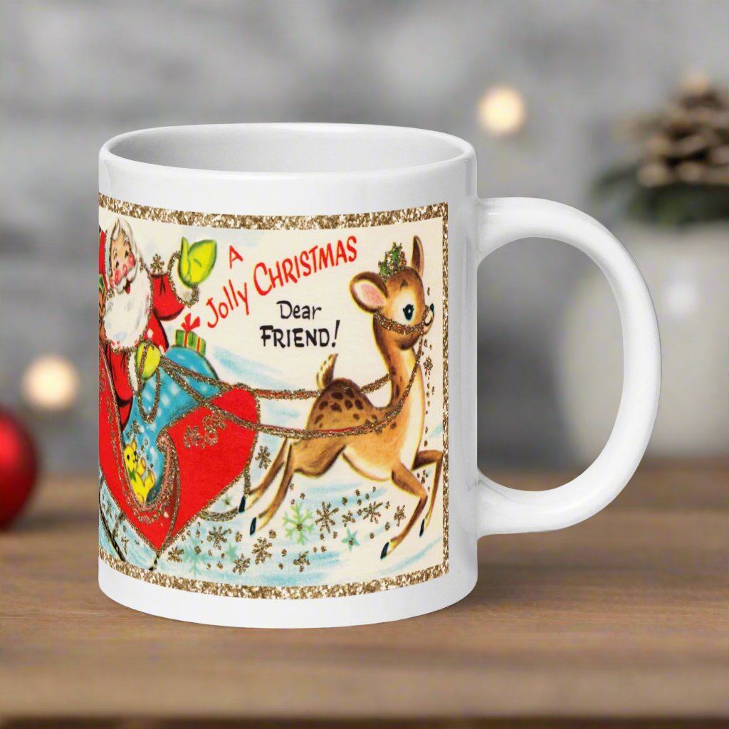 A Jolly Christmas Dear Friend Santa Reindeer Retro Christmas Glossy Mug