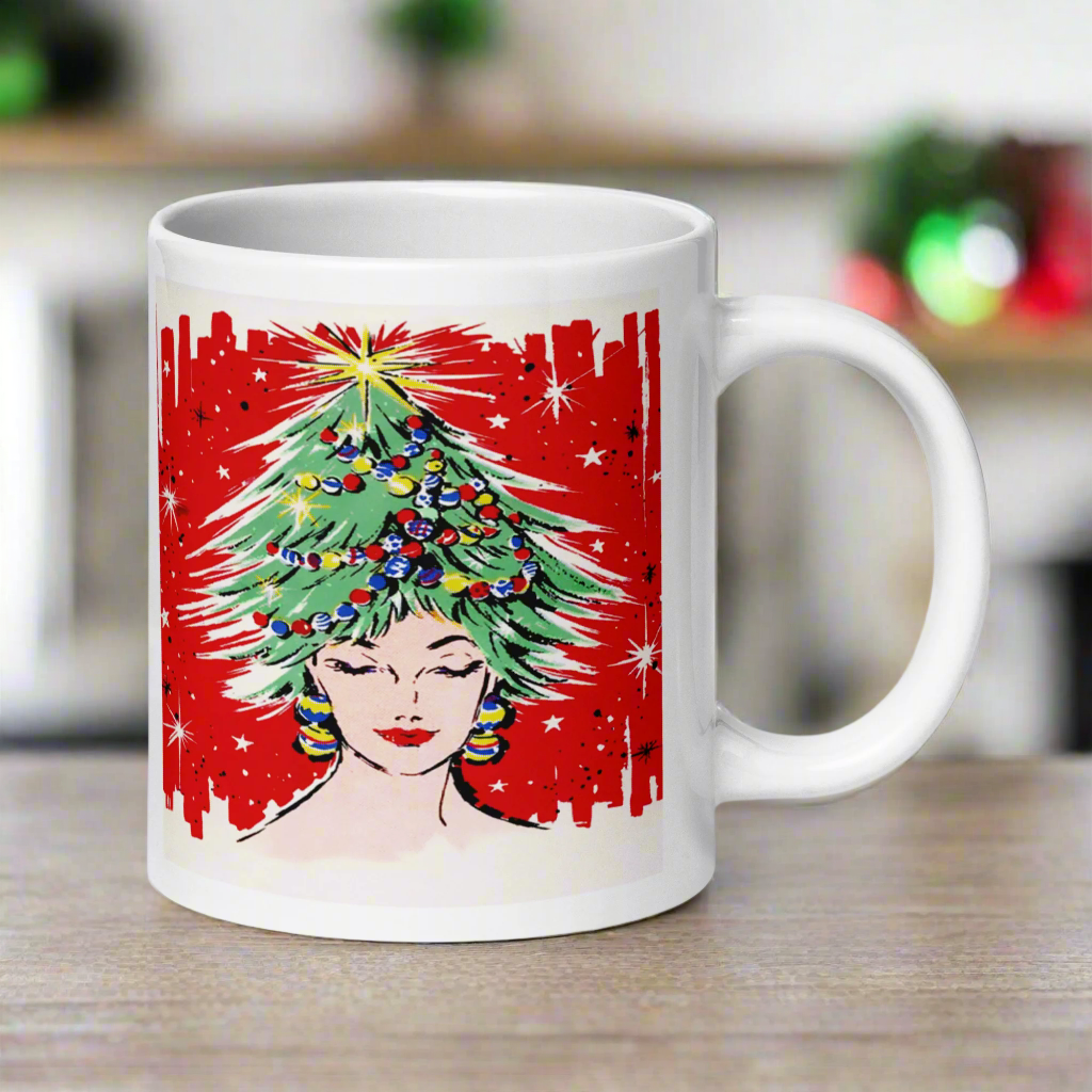 Christmas Tree Hat Lady Midcentury Retro Glossy Coffee Mug