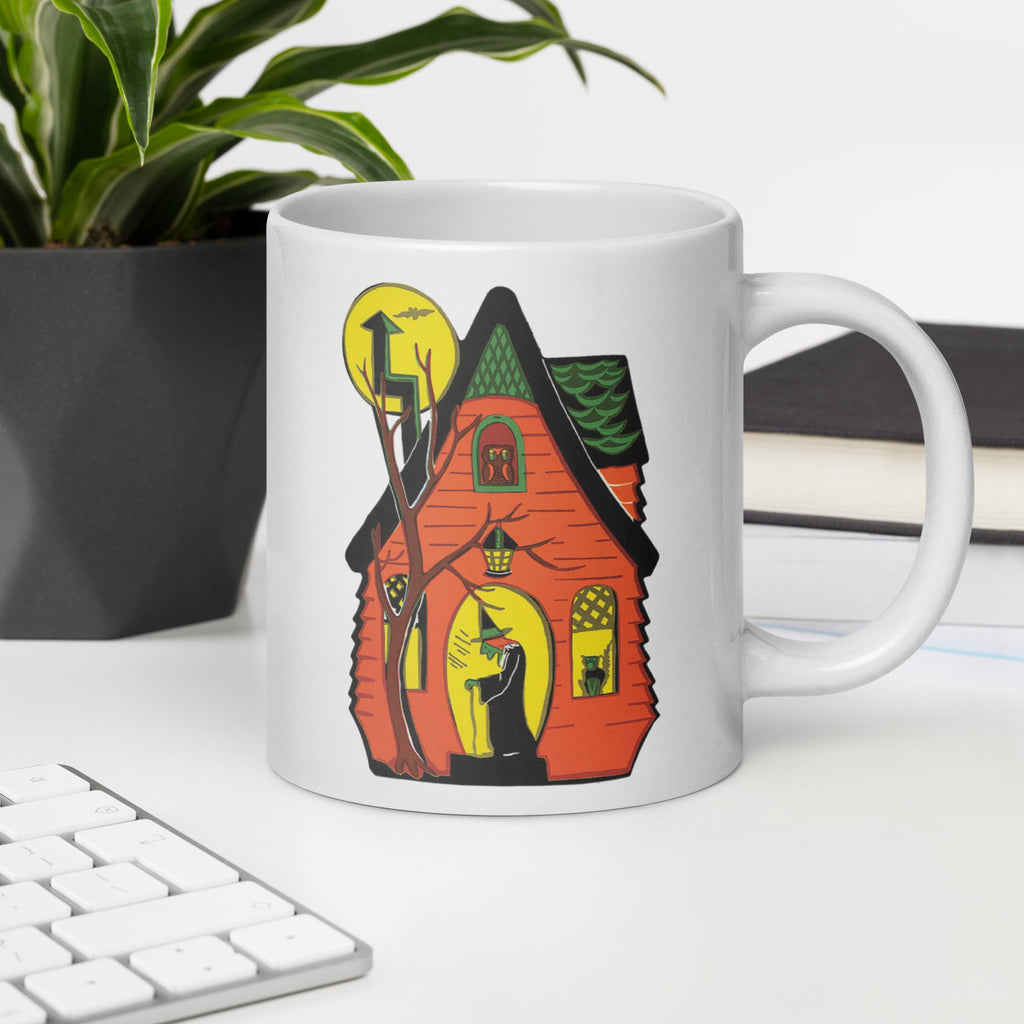Halloween Witch House Black Cat Yellow Moon Vintage Retro Print Glossy Coffee Mug