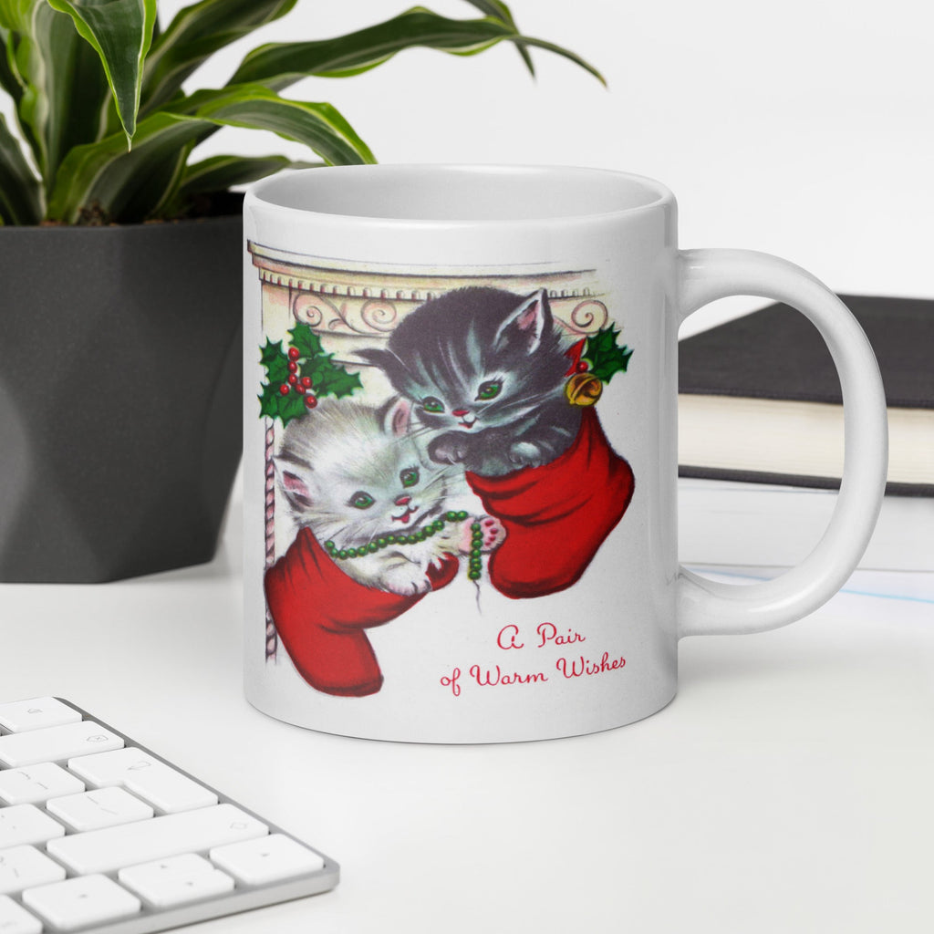A Pair Of Warm Wishes Kittens In Stockings Retro Vintage Christmas Print Glossy Coffee Mug