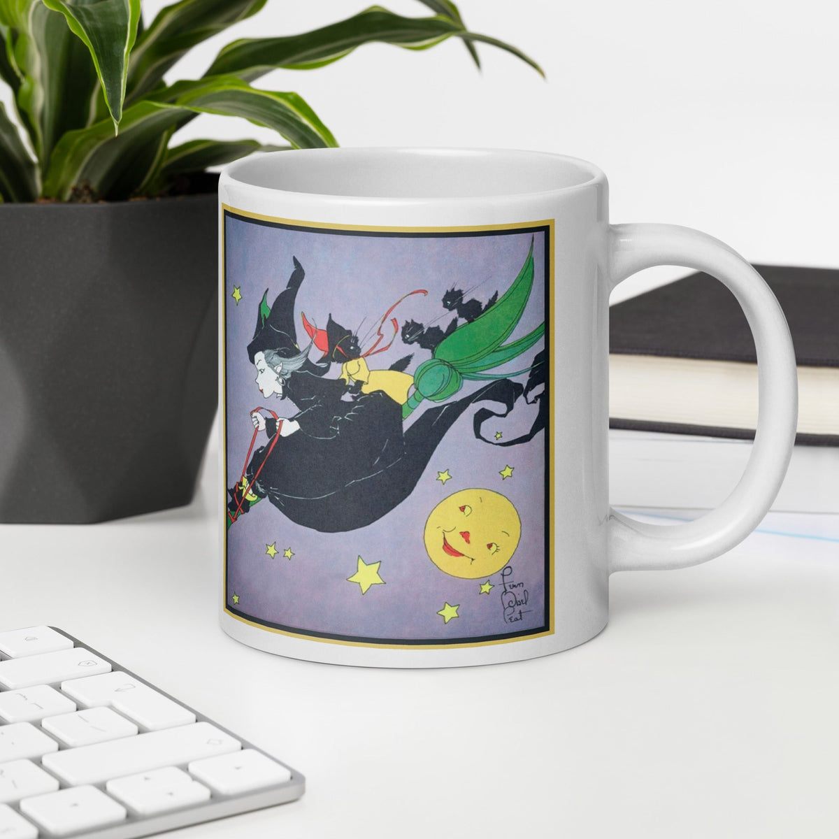 Witch Black Cats Broomride Retro Vintage Fern Bisel Peat Halloween Glossy Mug