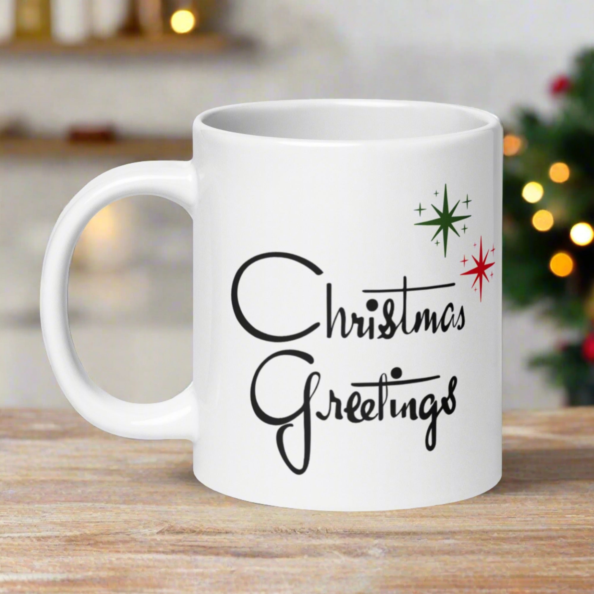 Christmas Greetings Starburst Atomic Mid Century Glossy Cofffee Mug