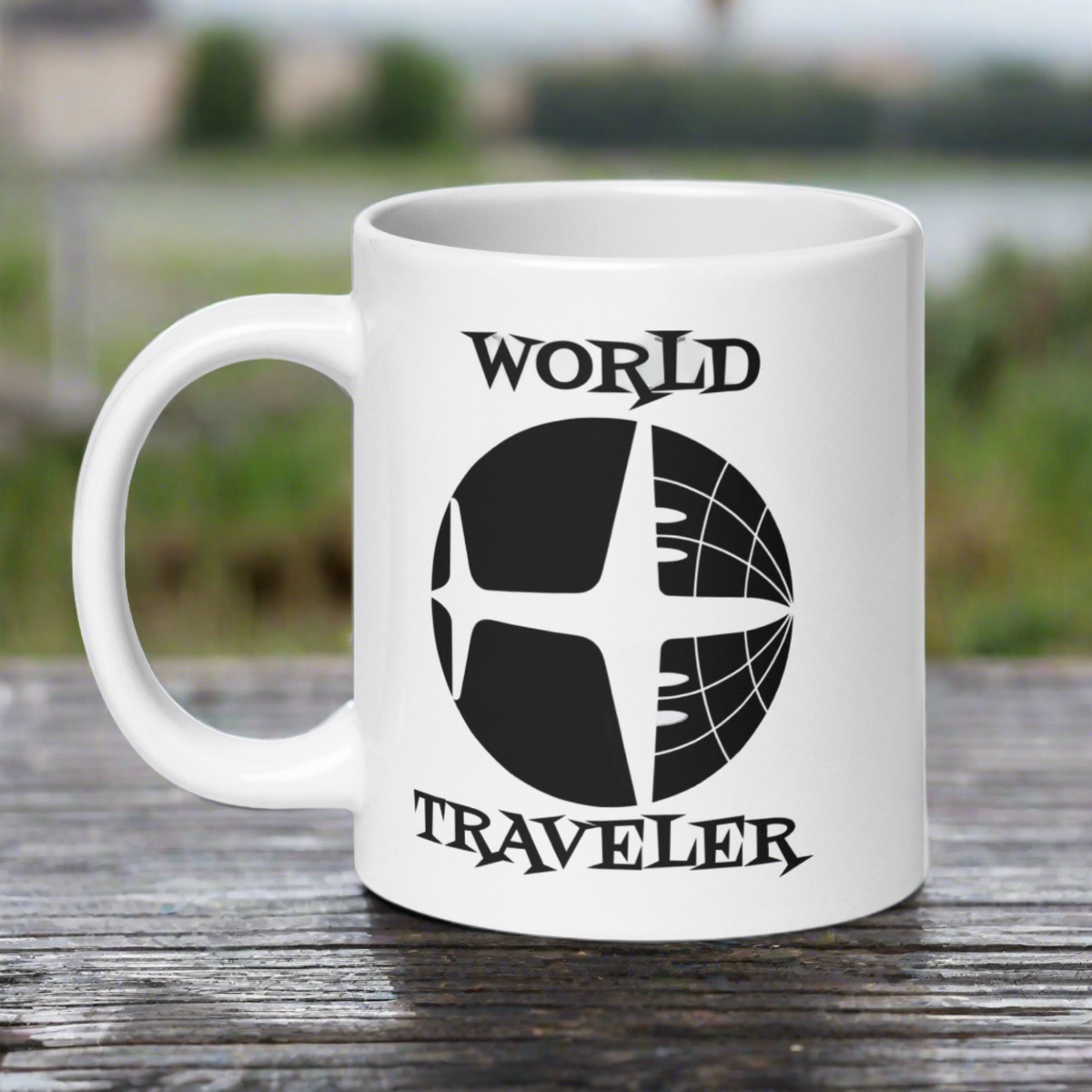World Traveler Airplane Globe Atomic Mid Century Retro Travel Print White Glossy Mug